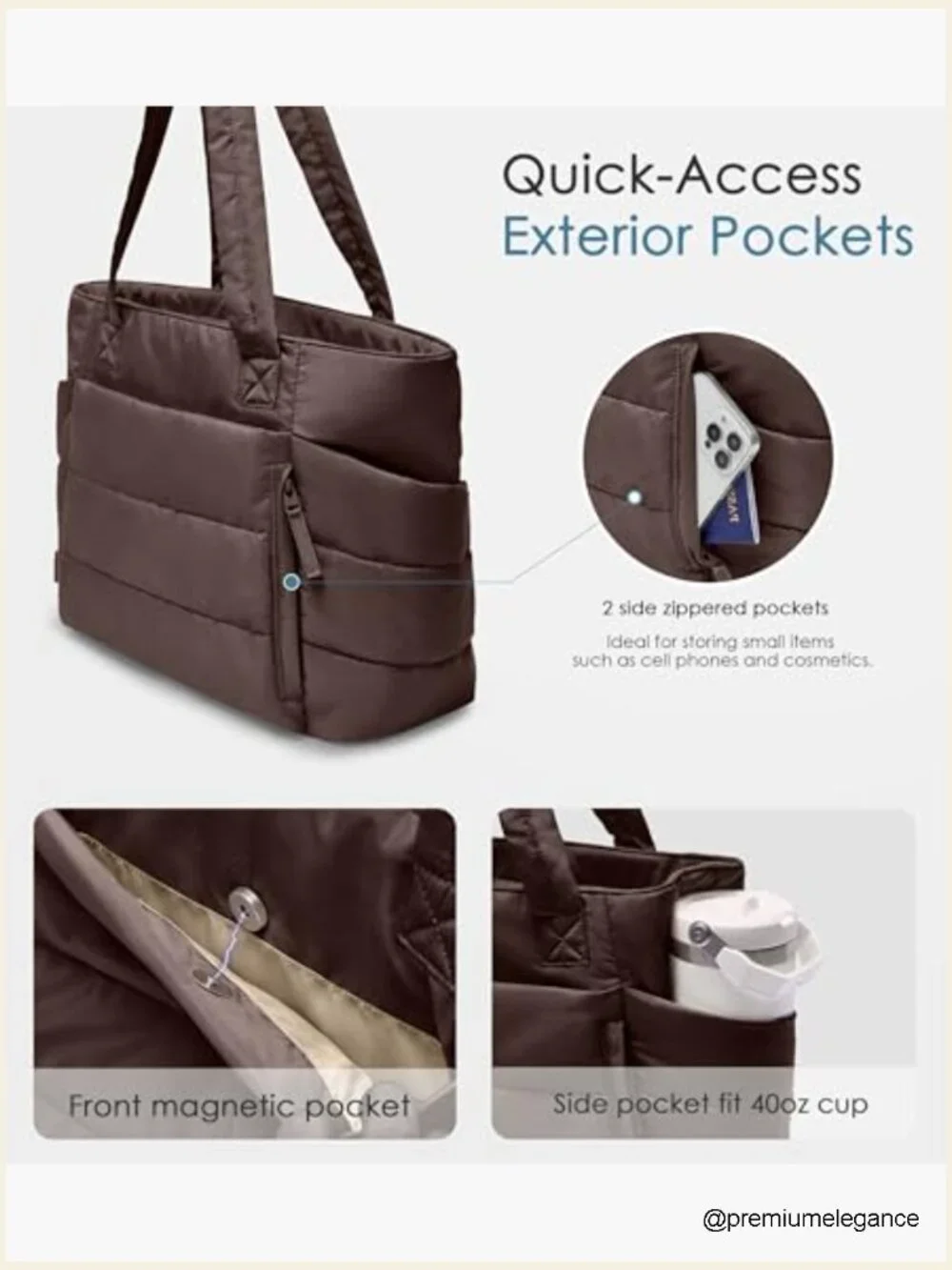 Quilted Puffer Tote with Laptop Compartment, 20L, Water Resistant, Lightweight